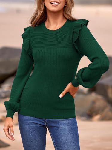 PRETTYGARDEN Women's Ruffle Long Sleeve Sweaters Crew Neck Lightweight Sweater 2025 Fall Trendy Ribbed Knit Pullover Tops