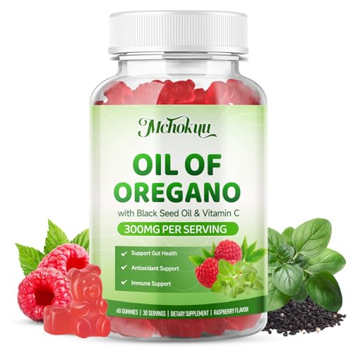 Mchokuu Oil of Oregano with Black Seed Oil 2-in-1 Black Seed Oil Supplement for Women & Men Support Antioxidant Health Sugar Free & Vegan Raspberry Herbal Gummies 60 Count