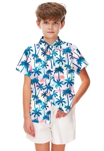 Image of Remimi Unisex Kids 4th of July Button Up Shirt Boys American Flag Print Hawaiian Beach Short Sleeve Tops 5-14 Years