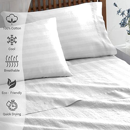 Pizuna Dobby Striped Full Size Sheet Sets Cotton White, 300 Thread Count Long Staple 100% Cotton Damask Bed Sheets, Sateen Sheets For Full Size Bed With 15 Inch Deep Pocket (Damask White Sheets Full) #TOP1