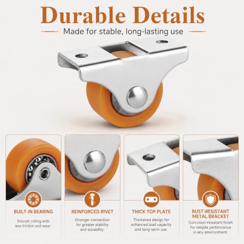 CYEAH Furniture Casters - 24 Pcs Small Caster Wheels, 1'' Metal Top TPE Rubber Low Profile, Heavy Duty Non Swivel, Silent Ball Bearings, for Rolling Cabinet Trundle Bed Drawer