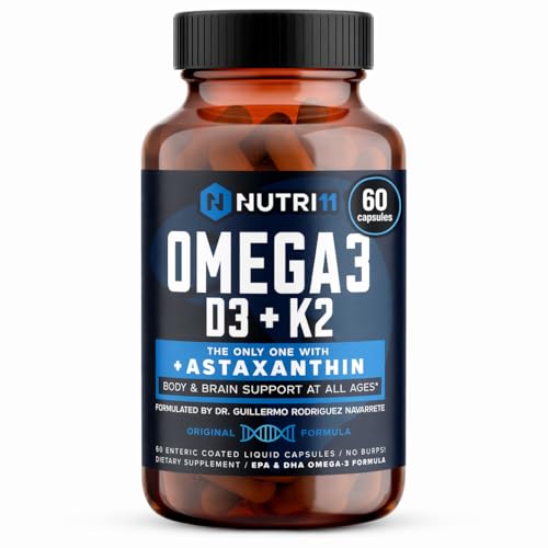 Nutri11 Omega-3 Fish Oil with Vitamin D3 K2 & Astaxanthin Enteric Coated No Fishy Burps Doctor Formulated 60 Liquid Capsules