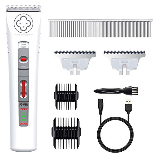 Brobantle Dog Grooming Clippers Professional Low Noise Cordless Dog Clippers with 2 Titanium Alloy Blades Pet Hair Trimmer Kit Rechargeable Shaving Tool for Cats Dogs and Other Animals-White