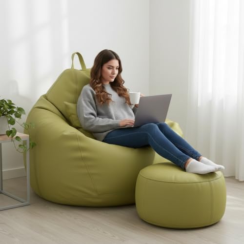 Image of 6XL Jumbo Premium Bean Bag Chair with Footrest & Cushion | Filled with High Density EPS Beans | Comfortable Sofa for Living Room & Bedroom | 6 Months Warranty, Color- (OLIVE GREEN, 6XL, Premium)