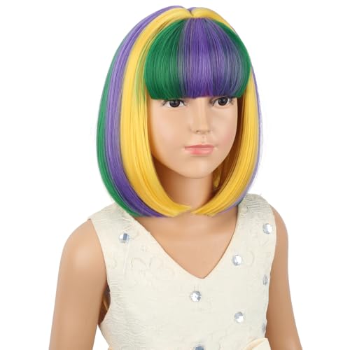 Image of PATTNIUM Mardi Gras Colored Bob Wig for Kids Girls Purple Green and Yellow Short Blue Straight Wig with Bangs Cosplay Party Synthetic Rose Net Daily Wear Wig
