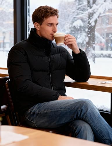 Image of PEHMEA Men's Puffer Jacket Stand Collar Zipper Coat with Pockets Retro Bubble Outwear for Winter