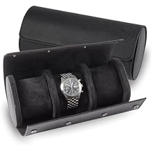 Bey-Berk Milani Leather Watch Roll - Luxury 3 Watch Travel Case for Men, Women, Genuine Leather with Soft Velour Lining and Snap Closure - Black