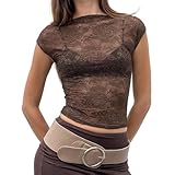 Prytgnsor Blusa de encaje transparente para mujer, sexy, manga casquillo, cuello redondo, color negro, transparente, ajustada, para salir, ropa de calle, Marrón, M