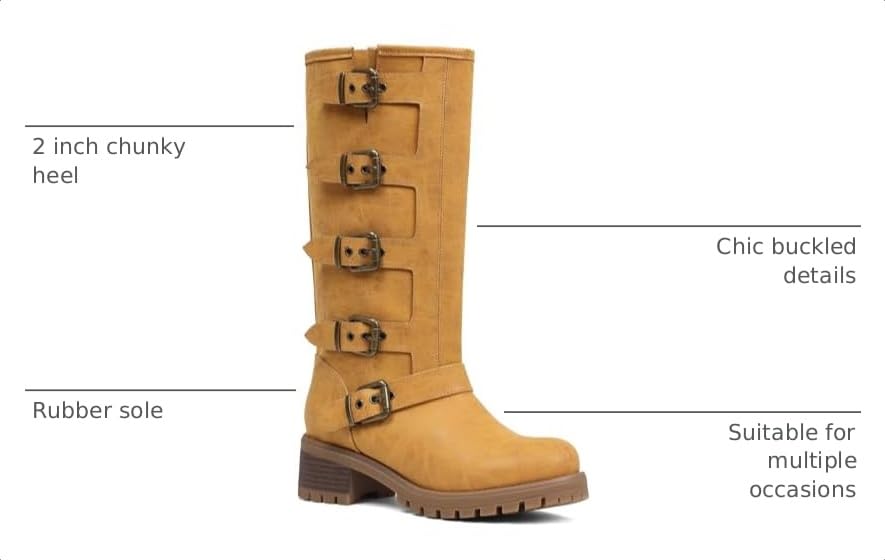 Image of AMINUGAL Knee High Boots Women Square Toe Pull On Wide Calf Riding Fashion Buckles Chunky Metallic Casual Vintage Buckle Rivet