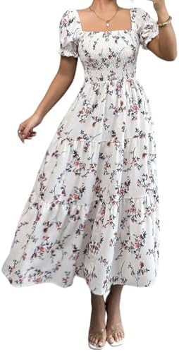 SHENHE Women's Floral Puff Short Sleeve Square Neck Smocked Tiere...