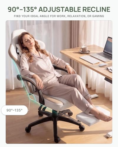 Image of Dowinx Gaming Chair Breathable Fabric Computer Chair with Pocket Spring Cushion, Comfortable Office Chair with Gel Pad and Storage Bag,Massage Game Chair with Footrest,Beige