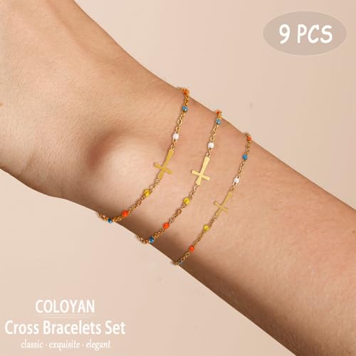 COLOYAN 9pcs Cross Bracelets for Women 18K Gold Plated Cross Bracelet Colored Adjustable Stainless Steel Faith Bracelet Jewelry4