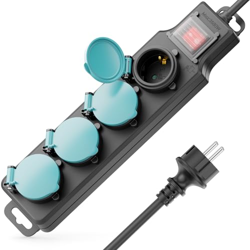 deleyCON Multiprise Extérieure 4 Prises - avec Interrupteur - IP44 avec 3,0m Câble - Bloc Multiprise pour Usage Extérieur 4X Connexions avec Couvercle -...