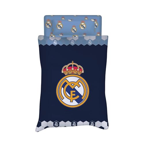 Real Madrid C.F. - Juego de Sábanas Verano Modelo Azul 2025 (3 Piezas) Oficial 50% Algodón/50% Poliéster para Cama de 90 cm