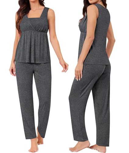 Image of SWOMOG Maternity Nursing Robe Set 3 Piece Breastfeeding Pajamas 3 in 1 Labor Delivery Sleevless Tops&Long Pants Pregnancy Pjs