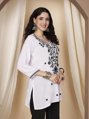 Image of Short Kurti for Women for Jeans, Chikankari Kurtis for Ladies, Lakhnavi V- Neck Women's Tunic Design Kurta, Floral Kurtas & Tunics for Woman