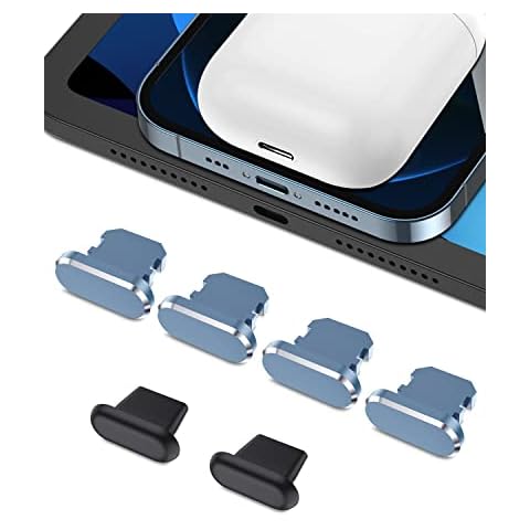 AUZOSL Pack of 6 Dust Protection Plugs Compatible with iPhone 14 Pro 13 12 4 Aluminium + 2 Silicone Dust Plugs, Blue Cover