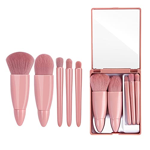 CKFYAHP - Set di pennelli per il trucco, con contenitore specchietto, portatile, 5 pezzi, uso cosmetico, l’applicazione ombretto e fard, setole morbide, compatto viaggi, appuntamenti, quotidiano