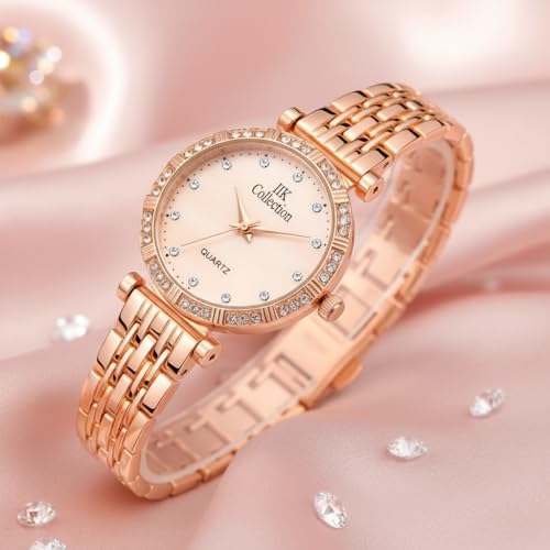 Image of IIK COLLECTION Watches for Women Round Studded Dial |Analogue Quartz Movemnet Ladies Watch|Long Battery Life|Stainless Steel Adjustable Bracelet Chain Strap|Double Lock Clasp Safety Watches for Girls