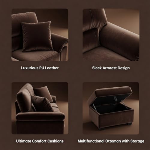 Image of Anderson 6 Seater Fabric Sofa Set (3+2+1) with Storage Ottoman Dark Brown, Premium Velvet Finish Upholstery, Solid Wood Frame, High Density Foam Cushions, Modern Living Room Furniture