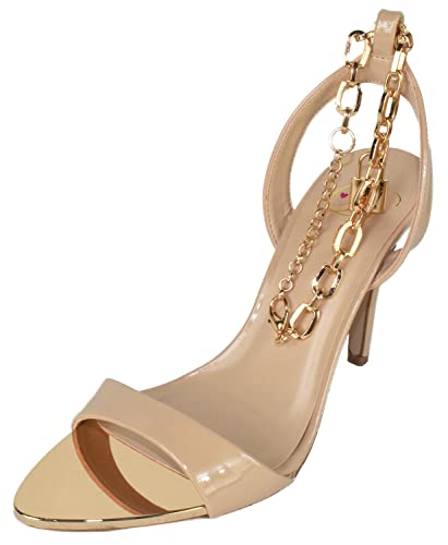 Delicious Shoe's Women Stiletto High Heels Anklet Gold Chain Lock Ankle Strap Open Peep Toe Pointed Reflective Surface Golden Mirror Scarlet-S