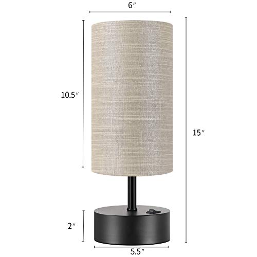 Oneach Modern Table Lamps Set Of 2 With Dual Usb Charging Port An Ac Outlet 15” Bedside Desk Lamp For Bedroom Living Room Grey Cylinder Shade #TOP6