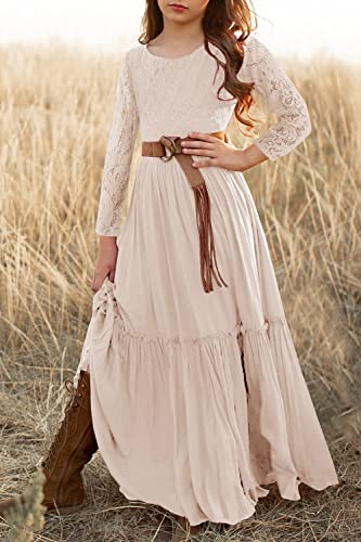 Image of MITILLY Girls Lace Flower Wedding Guest Long Maxi Dress for 6-12 Years | Girls Boho Dress, Girls' Special Occasion Dresses, Wedding Party, Size 6-12 Years, Ruffle Sleeve, A Line, With Pockets