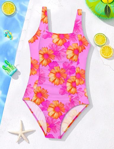 Image of Girl Swimsuit One Piece Bathing Suit for Girls Solid Color Ruched Adjustable Straps Padded Swimwear 9-18y