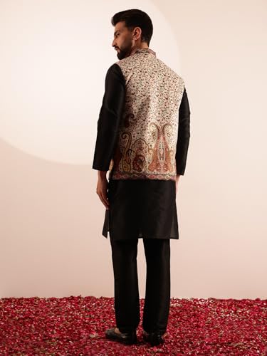 Image of SOJANYA Men's Silk Blend Black Kurta and Pyjama With Paisley Design Velvet Nehru Jacket