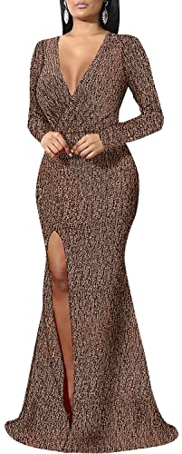 Image of Women's Sexy Long Sleeve Sparkly Maxi Dress V Neck High Slit Wrap Formal Gown Cocktail Glitter Maxi Long Dresses