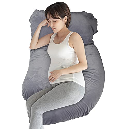 LONABR J-Shape Pregnancy Pillows, 55 Inch Maternity Full Body Pillow with Washable Velvet Cover, Nursing Support Pillow, Support for Back, HIPS, Legs, Belly for Pregnant Women Side Sleeping