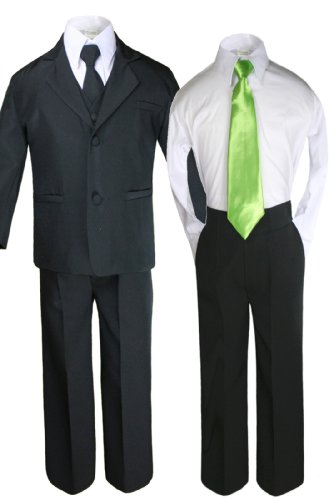 6pc Baby Kid Teen Boys Black Tuxedo Suit with Satin Green Necktie S-20 (2T)