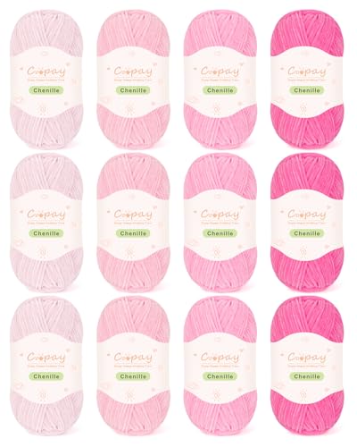 Image of Coopay Skinny Chenille Yarn for Crocheting and Knitting, 12 Pack of 50g /1.76oz-1764yd Total, Soft Velvet Yarn of Baby Weights-Suitable for Baby Blankets, Plush Toys-Super Soft (Light Pink Gradient)