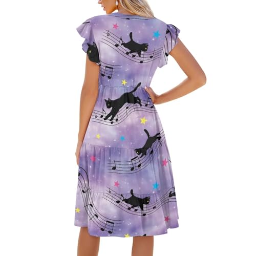 Image of Women's Casual Ruffle Sleeve Dress V Neck Pullover Dress Flowy A-Line Pleated Lightweight Dress with Pockets