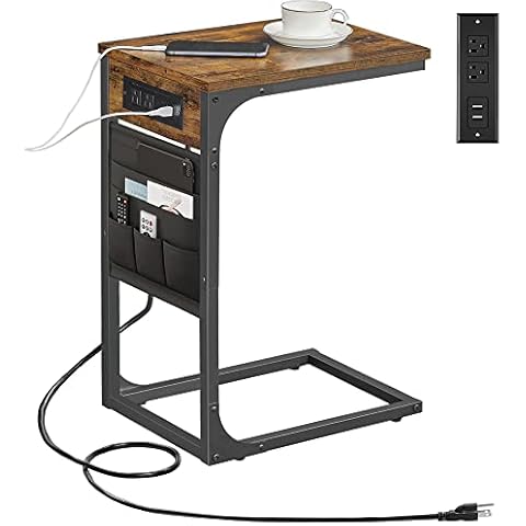 TUTOTAK C Shaped End Table with Charging Station, Side Table for Sofa, Couch Table with Storage Bag, TV Tray Table with 2 USB Ports and Outlets for Living Room, Bedroom, Brown TB01BB024 Cover