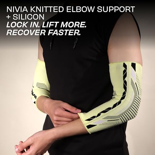 Image of Nivia Knitted Elbow Support with Silicon For Men & Women, Neoprene Compression Sleeve, Anti-Slip Grip, Heat Retention & Joint Stability for Gym, Training, and Injury Recovery(Yellow, Small)