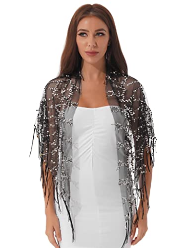 Hedmy See Through Sequin Mesh Wrap Cover Up Fringed Evening Cape Shawl Wrap Bridal Dresses For Women