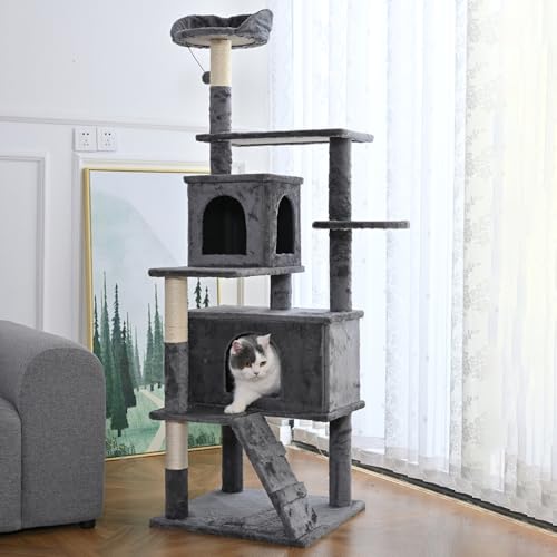 Arranhador de gato grande, luxuoso, multifuncional com casas, cama, poleiros, escada e brinquedo