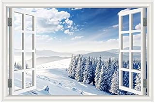 Stampe Da Parete Scena Di Neve--Finestra Finta Natura Paesaggio Quadri Stampa Su Tela Quadro Di Neve Foresta Di Montagna Sotto Il Cielo Blu 50X70Cm X1 Senza Cornice