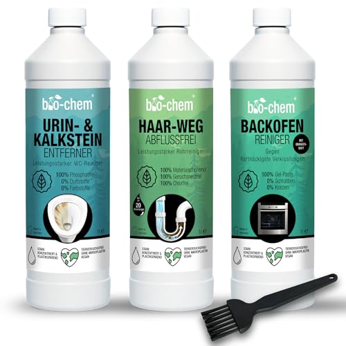 Bio-Chem - Basic Set de 3 productos de limpieza doméstica - Elimina orina y cal - Desatasca desagües - Limpia horno, ollas y sartenes