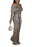 LKOUS Women's Off Shoulder Sequin Jumpsuit Gold Wide Leg Formal Evening Wear