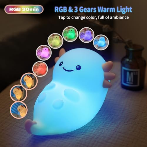 Image of Cute Axolotl Night Light, Dimmable Nursery Lamps, Super Squishy Silicone Timer USB Rechargeable Touch Control RGB Night Lamp for Kids Adults, Used for Camping Party Room Decor (Axolotl)