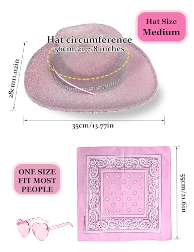Cowboy Hat Pink Cowgirl Hat with Sequins & Tiara Belt for Women Rodeo Party Hats with Heart Glasses4