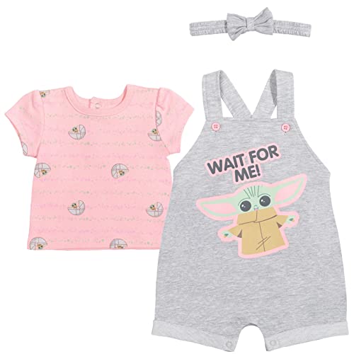Image of STAR WARS Mandalorian Baby Girls French Terry Snap Short Overalls T-Shirt and Headband 3 Piece Outfit Set Newborn to Infant