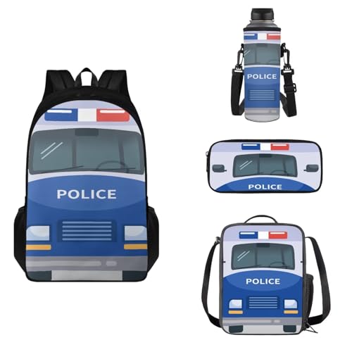 Police Car Kids Backpack Boys 12-14 Lightweight Backpack and Lunch Box Set Boys Large CapacityTeen Bookbag 4pcs with Watter Bottle Holder for Elementary Middle School Travel Bookbag2