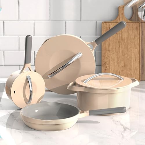 Yadlan Bateria De Cocina 8 Piezas, InduccióN Antiadherente Libre De Pfoa, Limpieza Lavavajillas Apta para Todas Las Cocinas, Vitroceramica, Gas Beige