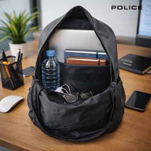 Image of Police Premium Vegan Leather Single Compartment Laptop Backpack - Black | 22L Stylish & Durable Laptop Backpack for Men | Spacious Office, Travel & Daily Use Backpack