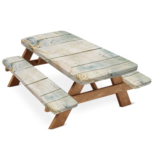 Tablerazzi Vintage Wood Ocean Nautical Coastal Starfish Picnic Table Cover with Bench Covers, Fitted Camping Tablecloth with Elastic Edges, 3 Pcs Set Outdoor Waterproof Rectangle Table Cloth