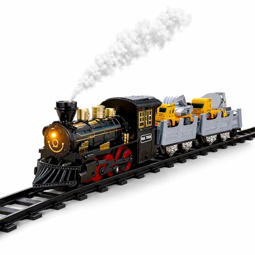 Image of Toyshine Classic Electric Train with Spray Function | Steam Mist Train with Light & Music | Track Set with Cargo Wagons & Vehicles | Realistic Railway Toy Set for Kids 3+