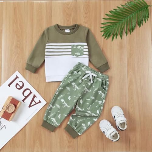 Toddler Baby Boy Fall Winter Clothes Long Sleeve Striped Sweatshirt Pullover Tops Dinosaur Pants Outfit Set 12 Months-4T2